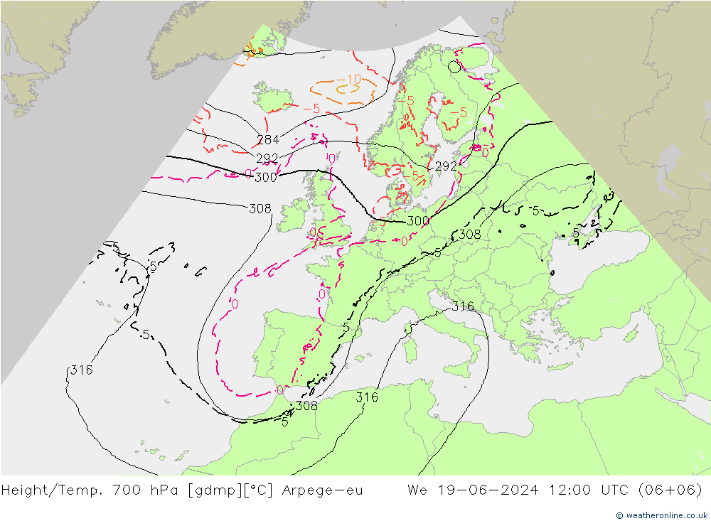 Height/Temp. 700 hPa Arpege-eu 星期三 19.06.2024 12 UTC