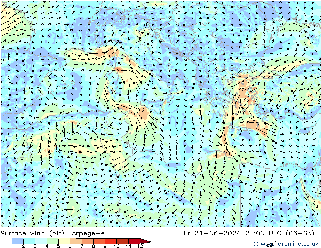 Surface wind (bft) Arpege-eu Fr 21.06.2024 21 UTC