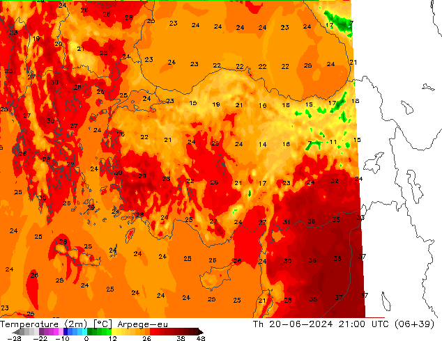 Temperatura (2m) Arpege-eu gio 20.06.2024 21 UTC