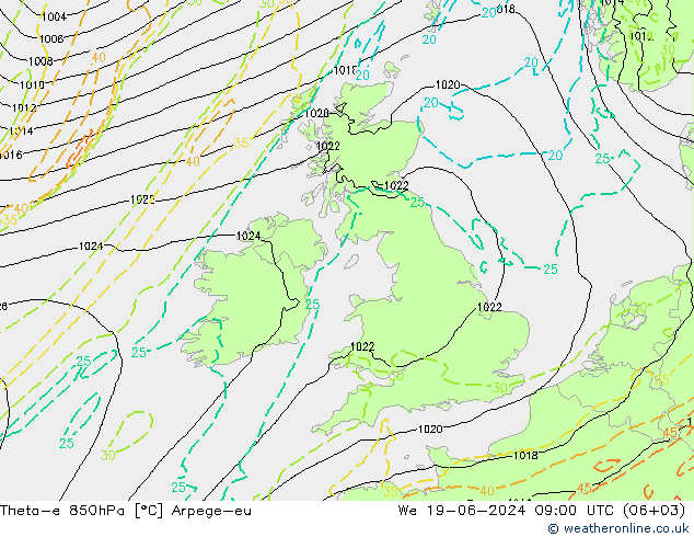 Theta-e 850hPa Arpege-eu Mi 19.06.2024 09 UTC