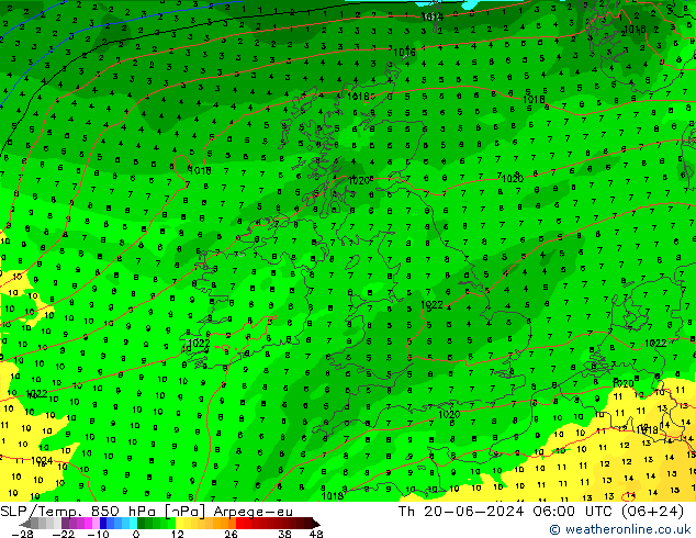 SLP/Temp. 850 hPa Arpege-eu Qui 20.06.2024 06 UTC