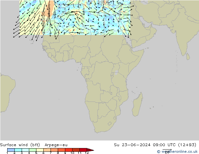 Wind 10 m (bft) Arpege-eu zo 23.06.2024 09 UTC