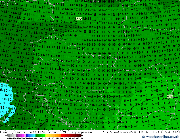 Hoogte/Temp. 500 hPa Arpege-eu zo 23.06.2024 18 UTC