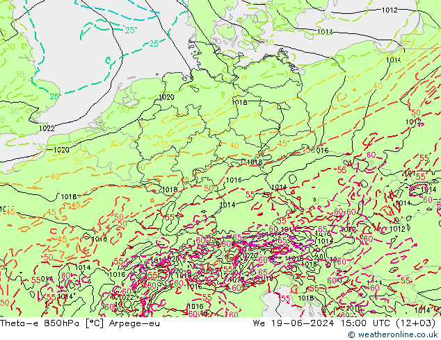 Theta-e 850hPa Arpege-eu We 19.06.2024 15 UTC