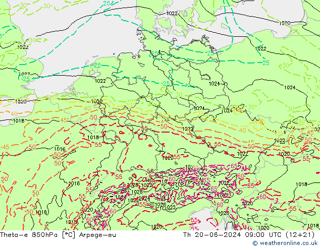 Theta-e 850hPa Arpege-eu Do 20.06.2024 09 UTC