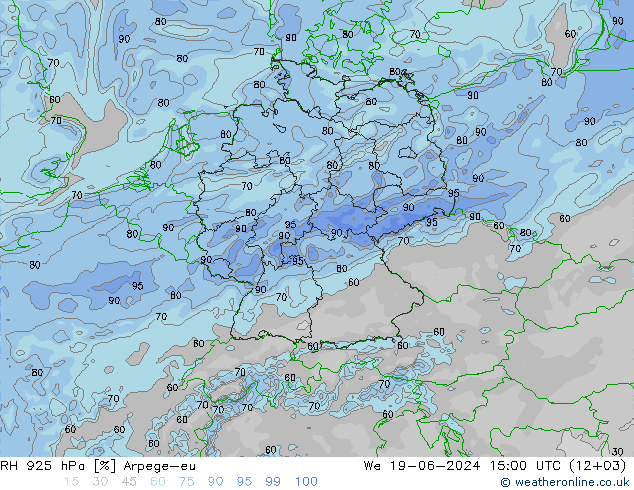 RH 925 hPa Arpege-eu 星期三 19.06.2024 15 UTC