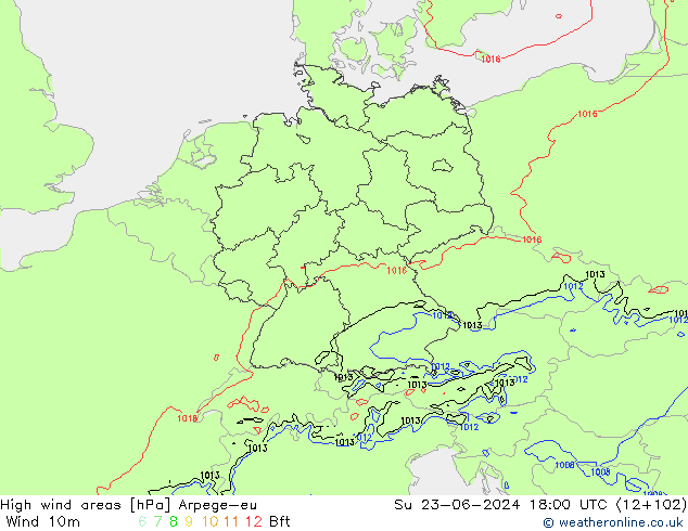 High wind areas Arpege-eu  23.06.2024 18 UTC