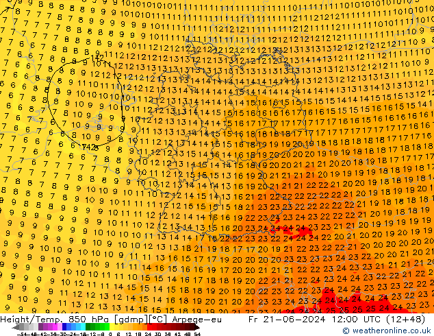 Hoogte/Temp. 850 hPa Arpege-eu vr 21.06.2024 12 UTC