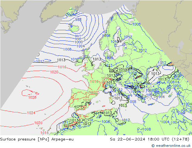 地面气压 Arpege-eu 星期六 22.06.2024 18 UTC