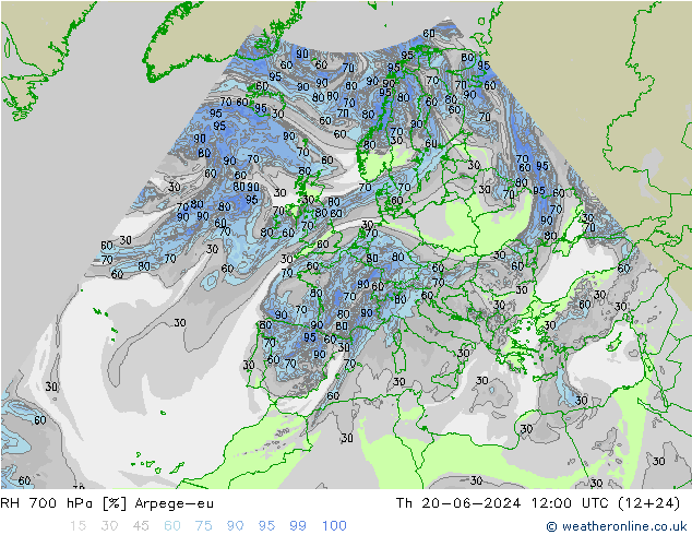 Humedad rel. 700hPa Arpege-eu jue 20.06.2024 12 UTC