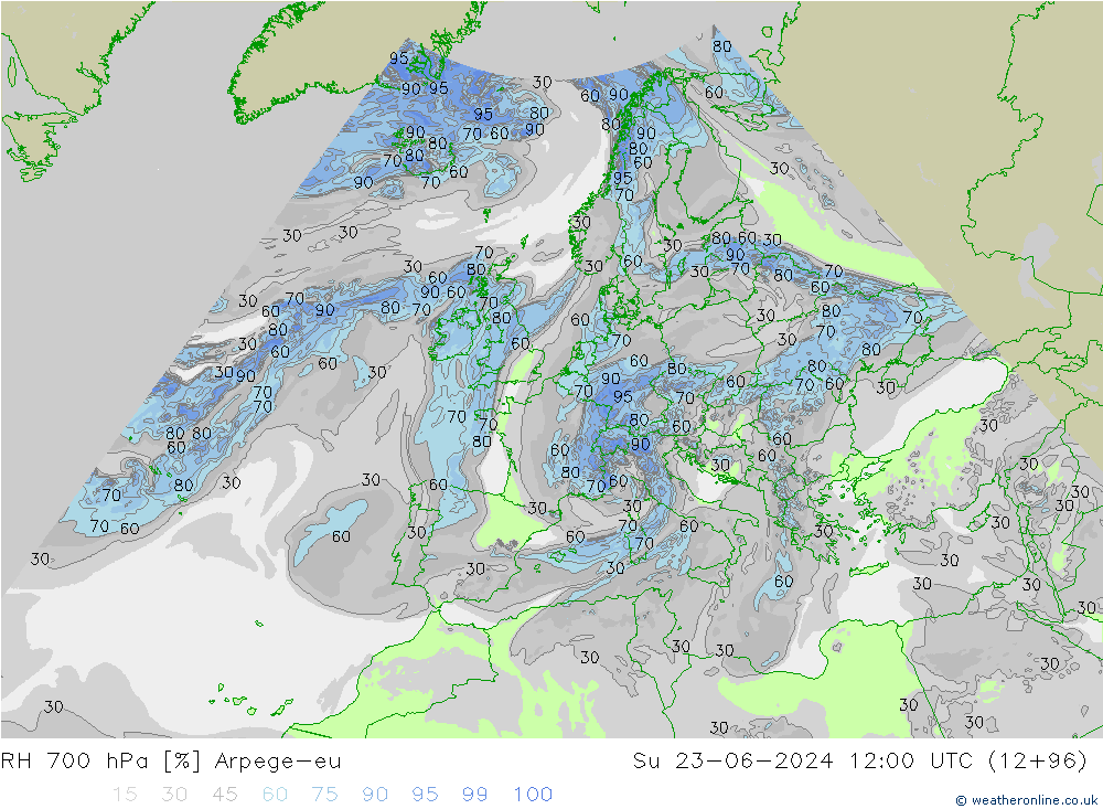 RH 700 hPa Arpege-eu So 23.06.2024 12 UTC