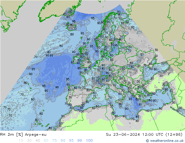 RH 2m Arpege-eu 星期日 23.06.2024 12 UTC