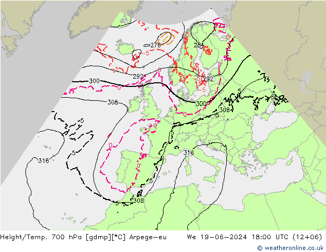 Height/Temp. 700 hPa Arpege-eu Mi 19.06.2024 18 UTC