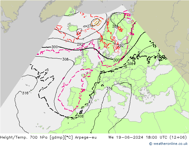 Height/Temp. 700 hPa Arpege-eu We 19.06.2024 18 UTC