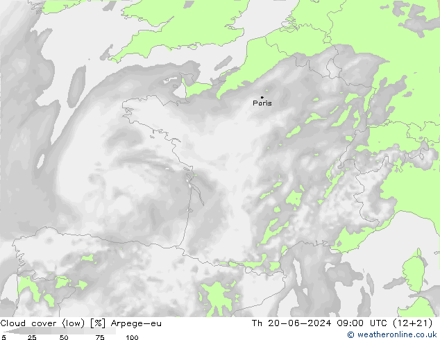 Cloud cover (low) Arpege-eu Th 20.06.2024 09 UTC