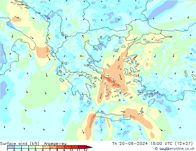 Surface wind (bft) Arpege-eu Th 20.06.2024 15 UTC