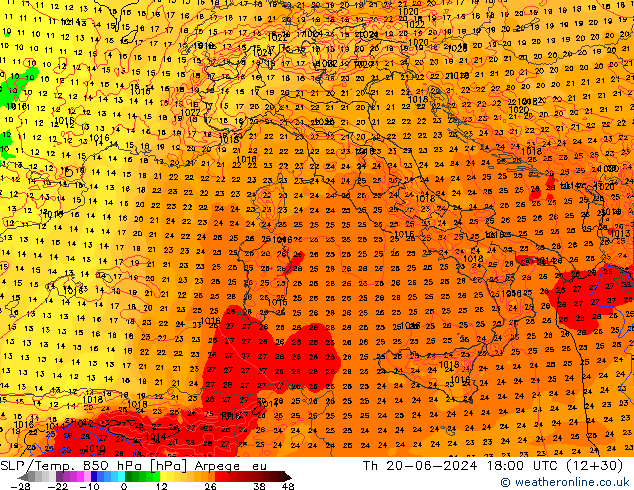 SLP/Temp. 850 hPa Arpege-eu Th 20.06.2024 18 UTC