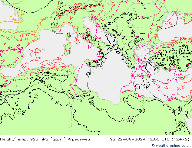 Hoogte/Temp. 925 hPa Arpege-eu za 22.06.2024 12 UTC