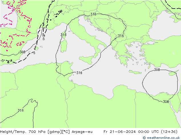 Height/Temp. 700 hPa Arpege-eu Pá 21.06.2024 00 UTC