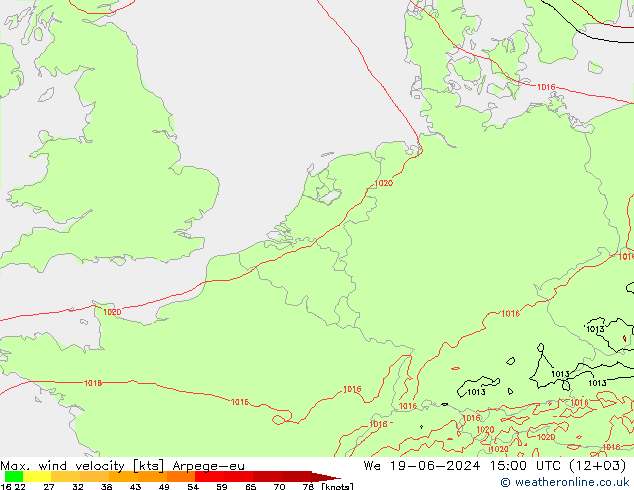 Max. wind velocity Arpege-eu mer 19.06.2024 15 UTC