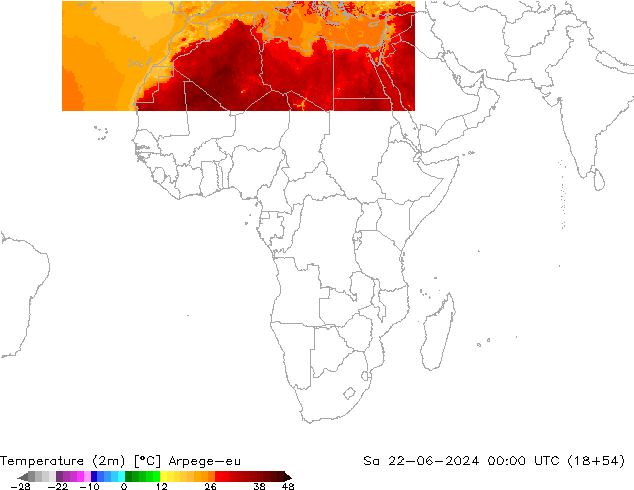 Temperatuurkaart (2m) Arpege-eu za 22.06.2024 00 UTC