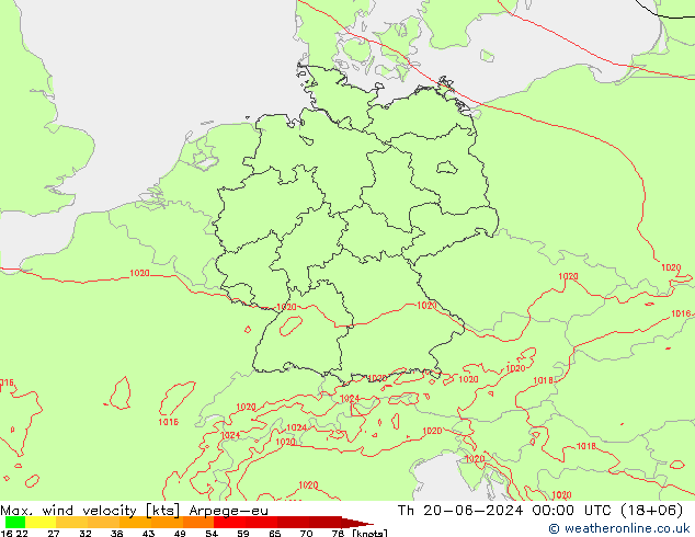 Max. wind snelheid Arpege-eu do 20.06.2024 00 UTC