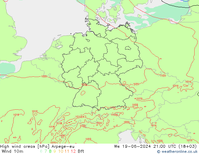 yüksek rüzgarlı alanlar Arpege-eu Çar 19.06.2024 21 UTC
