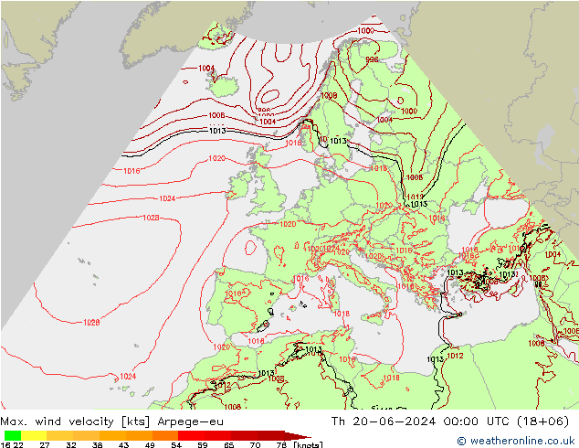 Max. wind velocity Arpege-eu Qui 20.06.2024 00 UTC