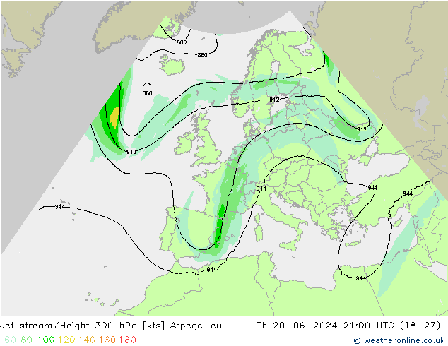 Jet stream/Height 300 hPa Arpege-eu Th 20.06.2024 21 UTC