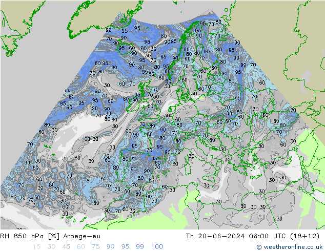 Humedad rel. 850hPa Arpege-eu jue 20.06.2024 06 UTC