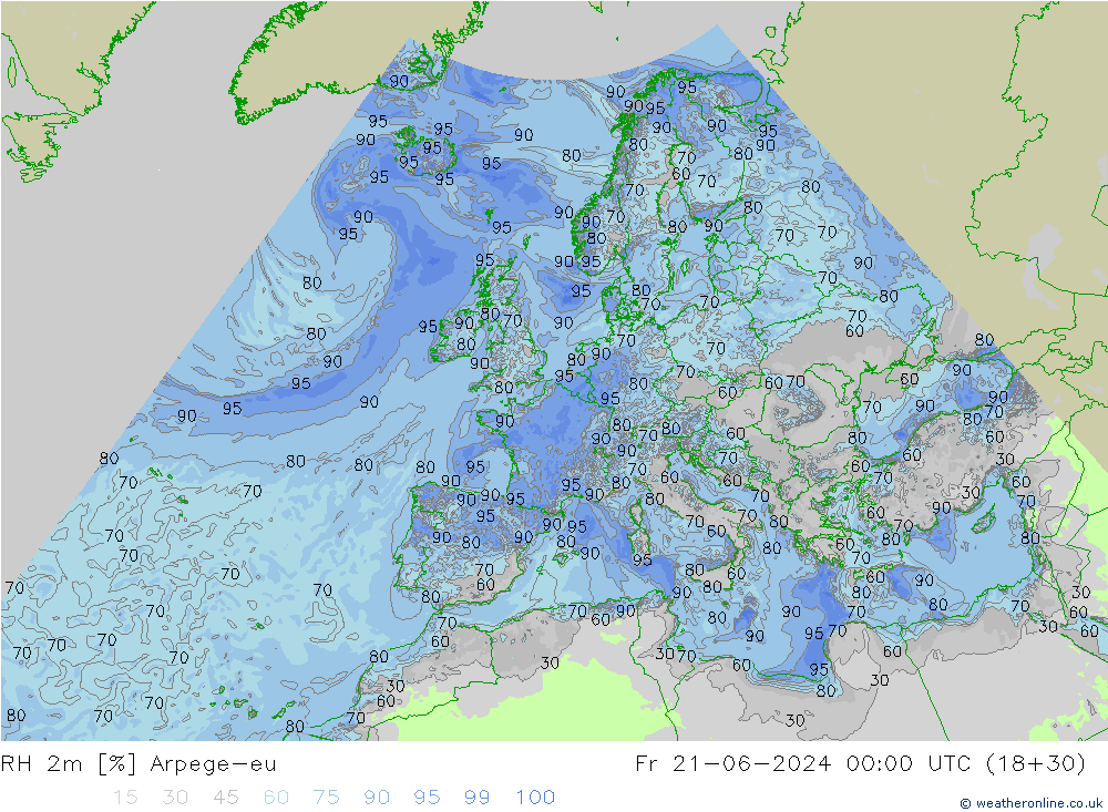 RH 2m Arpege-eu ven 21.06.2024 00 UTC