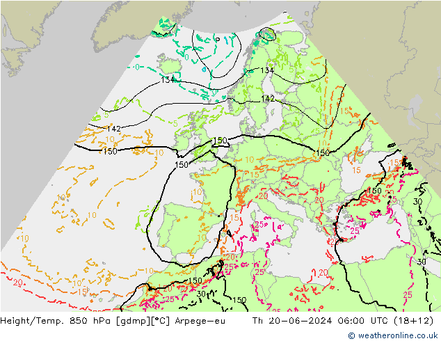 Height/Temp. 850 hPa Arpege-eu 星期四 20.06.2024 06 UTC