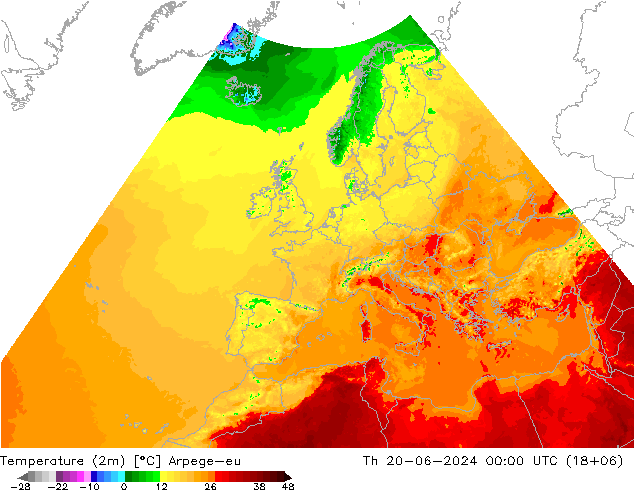 Temperatura (2m) Arpege-eu jue 20.06.2024 00 UTC