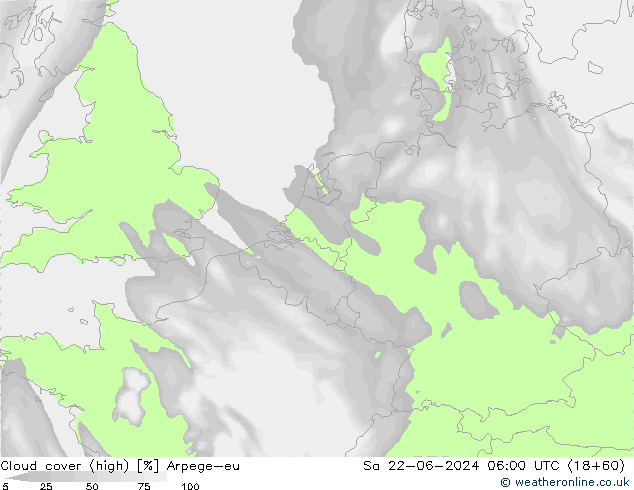 Cloud cover (high) Arpege-eu Sa 22.06.2024 06 UTC