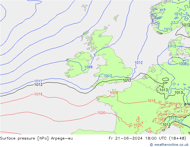 Atmosférický tlak Arpege-eu Pá 21.06.2024 18 UTC