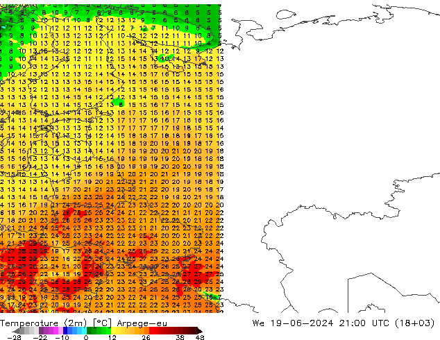 Temperatura (2m) Arpege-eu mer 19.06.2024 21 UTC