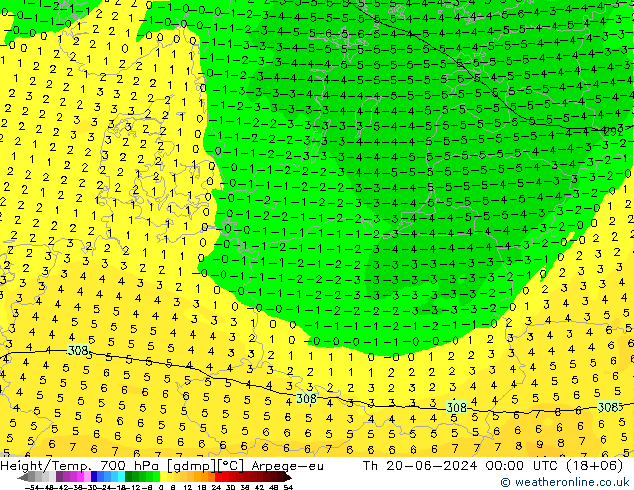 Height/Temp. 700 hPa Arpege-eu Čt 20.06.2024 00 UTC