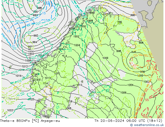 Theta-e 850hPa Arpege-eu jue 20.06.2024 06 UTC