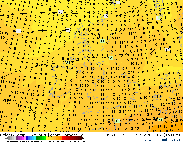 Hoogte/Temp. 925 hPa Arpege-eu do 20.06.2024 00 UTC