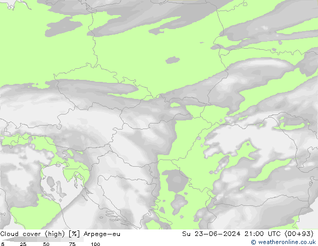 Cloud cover (high) Arpege-eu Su 23.06.2024 21 UTC