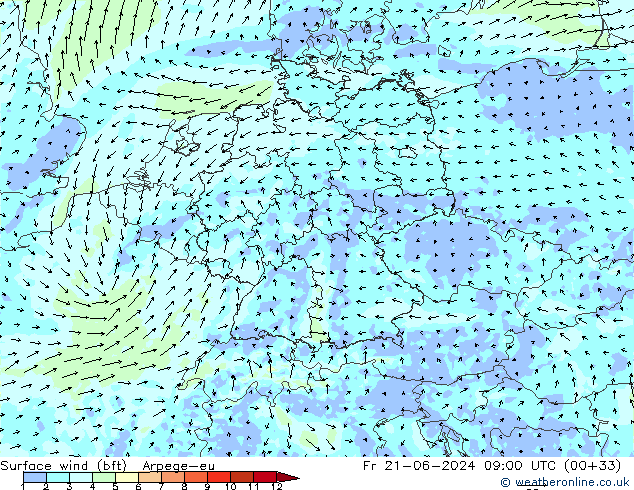 Rüzgar 10 m (bft) Arpege-eu Cu 21.06.2024 09 UTC