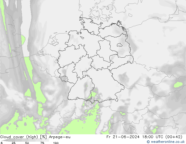 Cloud cover (high) Arpege-eu Fr 21.06.2024 18 UTC