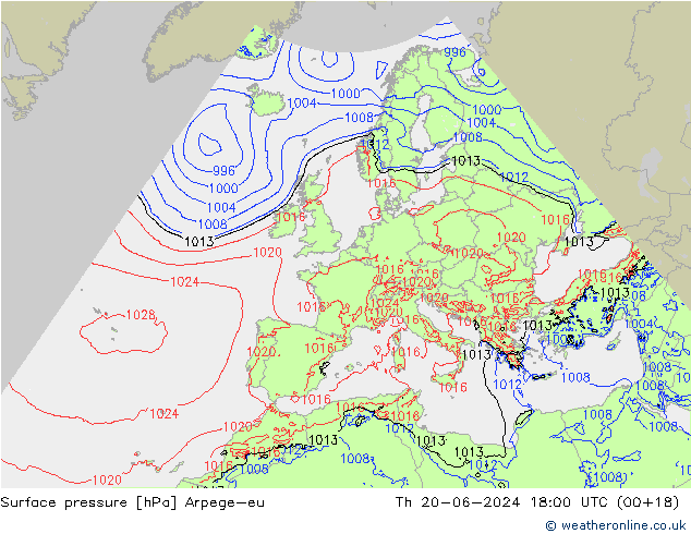 Atmosférický tlak Arpege-eu Čt 20.06.2024 18 UTC