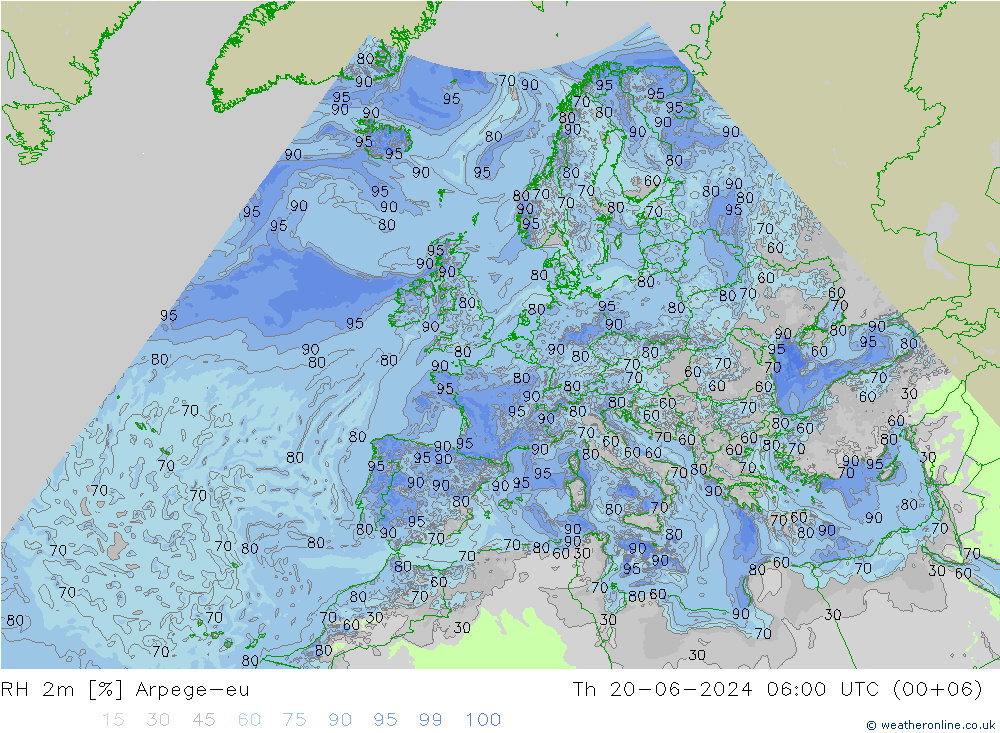 RH 2m Arpege-eu 星期四 20.06.2024 06 UTC