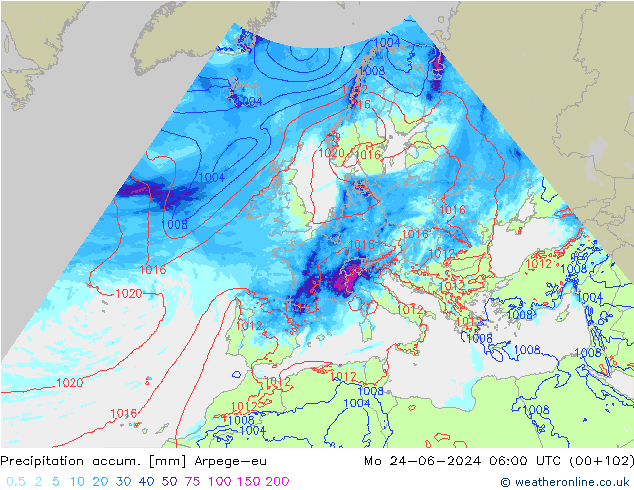 Precipitation accum. Arpege-eu Mo 24.06.2024 06 UTC