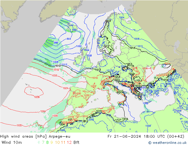 High wind areas Arpege-eu ven 21.06.2024 18 UTC