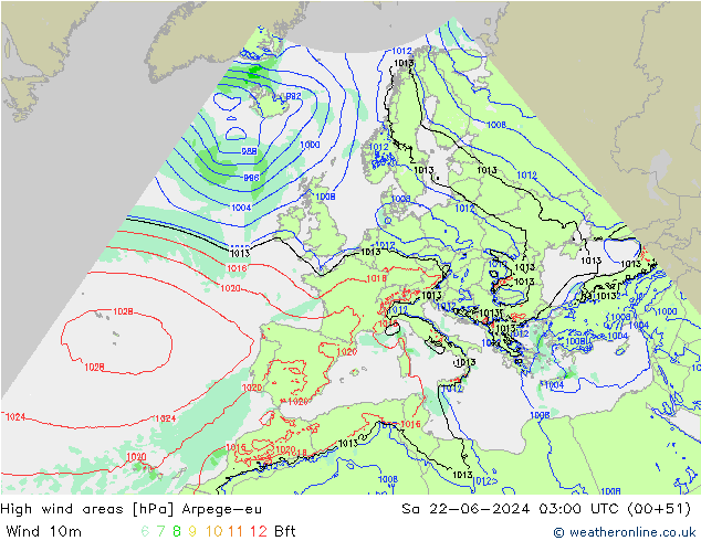 High wind areas Arpege-eu Sa 22.06.2024 03 UTC
