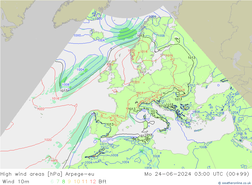 High wind areas Arpege-eu Po 24.06.2024 03 UTC