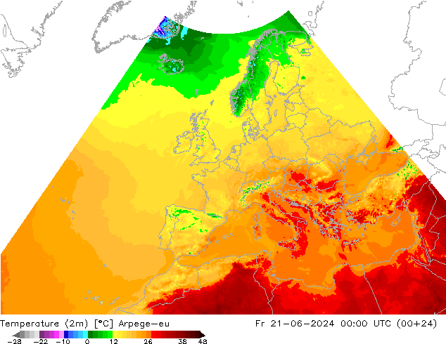 Temperaturkarte (2m) Arpege-eu Fr 21.06.2024 00 UTC