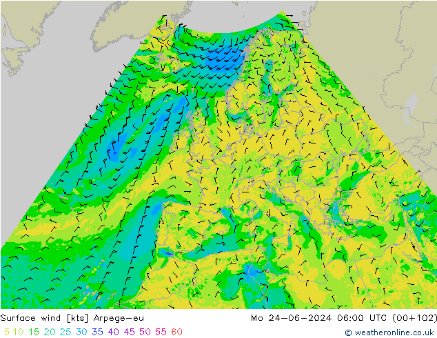 Surface wind Arpege-eu Mo 24.06.2024 06 UTC